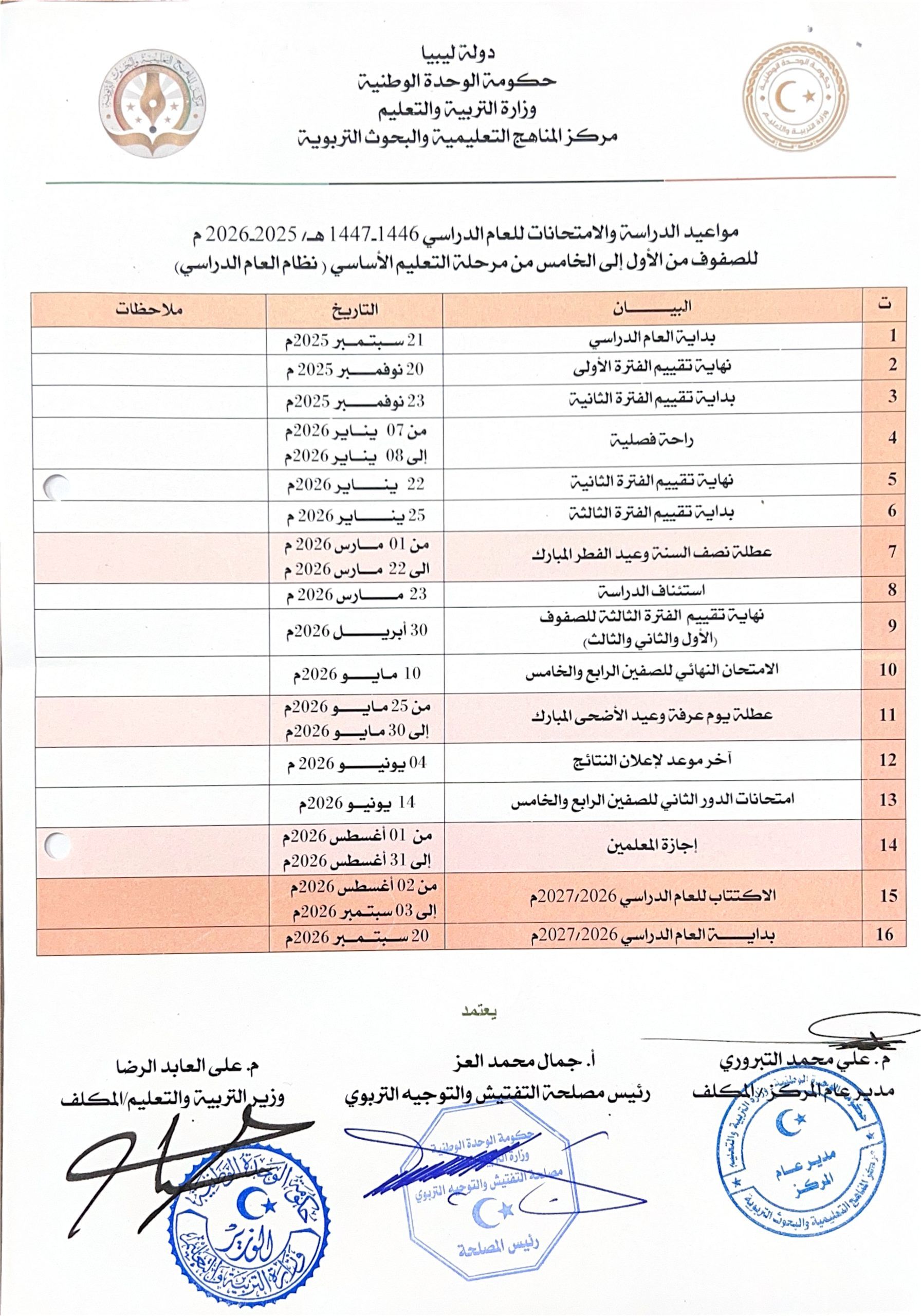 مواعيد الدراسة والامتحانات للصفوف من الاول للخامس