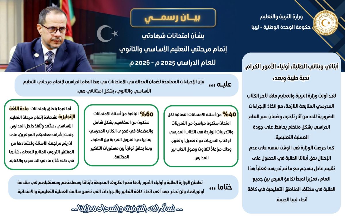 بيان وزارة التربية والتعليم بشأن امتحانات شهادتي إتمام مرحلتي التعليم الأساسي والثانوي للعام الدراسي 2025-2026م