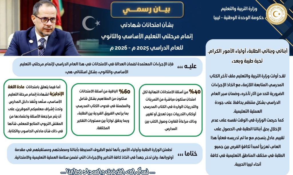بيان وزارة التربية والتعليم بشأن امتحانات شهادتي إتمام مرحلتي التعليم الأساسي والثانوي للعام الدراسي 2025-2026م
