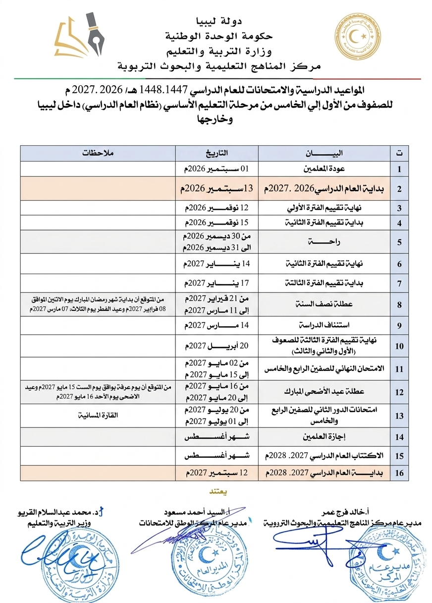 مواعيد الدراسة والامتحانات للصفوف من الاول للخامس