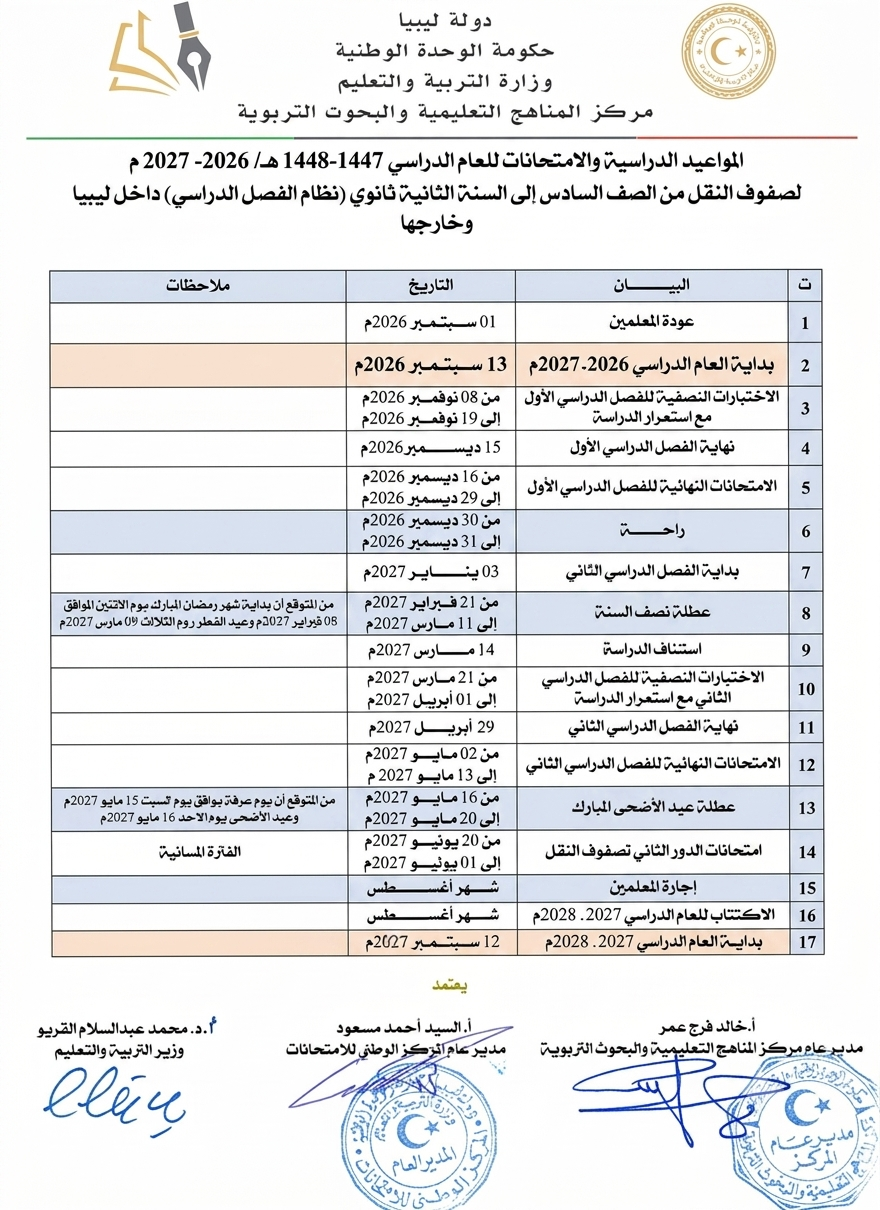 مواعيد الدراسة والامتحانات لصفوف النقل