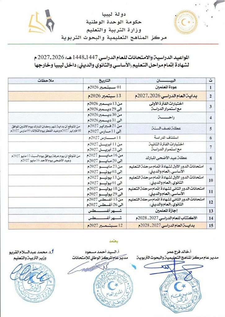 مواعيد الدراسة والامتحانات وفق قرار وزير التربية والتعليم رقم (1197) لسنة 2026م، لجميع المراحل التّعليمية (الأساسي والثانوي والديني) للعام الدراسي 2026-2027م، داخل ليبيا وخارجها.