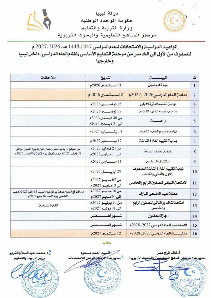 مواعيد الدراسة والامتحانات وفق قرار وزير التربية والتعليم رقم (1197) لسنة 2026م، لجميع المراحل التّعليمية (الأساسي والثانوي والديني) للعام الدراسي 2026-2027م، داخل ليبيا وخارجها.