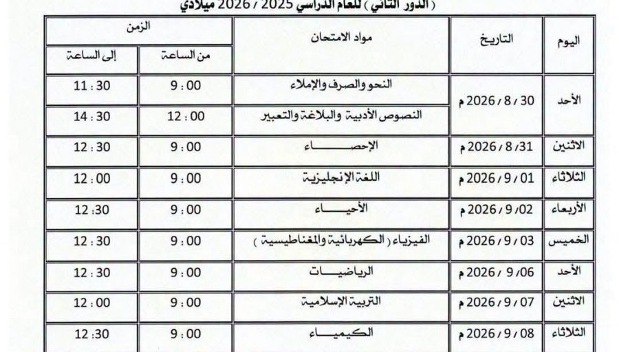 جداول امتحانات شهادة إتمام مرحلة التعليم الثانوي بالداخل للقسمين العلمي والأدبي (الدور الثاني) للعام الدراسي 2025 - 2026م.