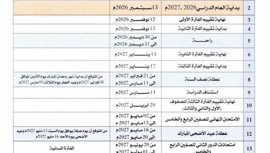 انطلاق العام الدراسي 2026-2027م - وزارة التربية والتعليم انطلاق العام الدراسي 2026-2027م